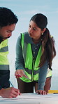 People, team and floorplan on site for planning, renovation idea and problem solving in meeting. Man, woman and outdoor with blueprint for discussion, engineer collaboration and explain instruction
