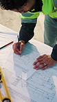 Man, engineer and hands on blueprint for planning, drawing renovation and expansion project. Floorplan, above and architect at site for property development, marking design or structure instruction
