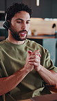 Man, headset and virtual assistant in house with remote work, speaking and help for customer service. Freelance administrator, person and discussion in home with tech, contact and client support.
