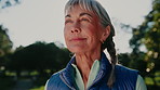 Thinking, smile and old woman in park with breathing, daydream and nostalgia in calm mindset. Retirement, flare and elderly person with fresh air, flashback and peaceful perspective in nature.
