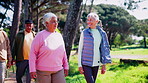 Exercise, happy or old people outdoor for walking, active aging or group workout for senior wellness. Hike, nature or elderly friends with community, cardio or team fitness for retirement activity.