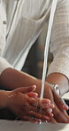 Health, dad and kid in home with hand washing, germ protection and teaching wellness in development. Water, parent and girl with support, bacteria prevention and family hygiene in child growth.