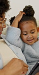 Relax, grandma or child in home with tablet, interactive ebook or educational game with support. Black family, happy senior woman or grandchild with tech, online puzzle or bonding activity on weekend