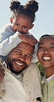 Love, parents or girl outdoor with face, happy moment or bonding together in weekend break. Smile, childcare or black family in backyard with portrait, connection or security in healthy relationship.