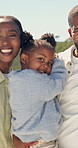 Family, face and bonding with child, outdoor and happy with grandmother on break and relax together. Black people, generations and connection with senior mother, portrait and laughing with daughter