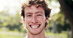 Wellness, face and happy man in park with laugh, nature break and positive attitude with fresh air. Wellbeing, bokeh and person outdoor with joke reaction, confidence or good mood in weekend unwind.