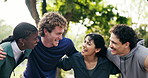 Friends, hug and fitness outdoor with conversation, bonding together and support for wellness goals. Bokeh, happy people and embrace in nature with training, discussion and runner club for vitality.