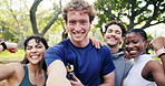 Face, people and selfie in nature for fitness, photography and social media for marathon success. Portrait, friends and smile at park with pov, profile picture and capture memory for sports milestone