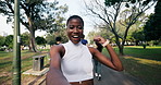 Face, woman and fist pump with selfie for fitness, influencer or live stream for marathon success. Portrait, people and celebrate at park with pov, vlogging race and content creator of sports victory
