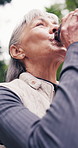 Senior, woman and fitness with water in nature for hydration, workout break or recovery exercise. Active, elderly or female person with mineral liquid or drink for rest or sustainability in park