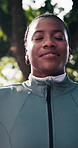 Fitness, woman and relax at park with breathing, post exercise and calm nervous system for wellness. Happy athlete, black person and exhale outdoor for workout cool down, active practice and thinking