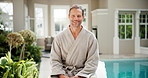 Face, man and happy at resort with spa experience, hospitality and staycation for stress relief. Mature person, smile and relax in luxury hotel with pool, vacation and weekend getaway for wellness.