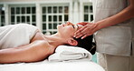 Spa, break and head massage for woman on holiday, zen and stress relief on bed and hospitality. Resort, luxury and mature person with masseuse, sleeping and pamper on vacation or holistic wellness