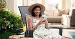Happy, woman and phone at resort for travel, booking and social media post for critic reviews. Smile, person and tourist at retreat with mobile, guest opinion and itinerary information on vacation