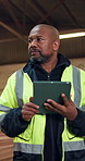 Carpenter, man and inspection in workshop with tablet, review manufacturing and quality assurance. Mature, black person and typing in factory with tech, woodwork operations and compliance report.