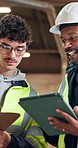Construction, tablet and team speaking at site for development, building checklist or planning. Men, tech and talk with supervisor for architecture clipboard, inspection report or project management