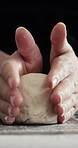 Cooking, dough and hands of chef in kitchen at restaurant for pizza, bread or pastry recipe. Bakery, ingredients and culinary worker pressing batter for preparing food, meal or snack in diner.