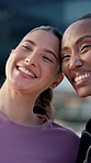 Happy, friends and support in city with fitness, women bonding and training together for wellness. Active, people and smile outdoor with exercise break, workout recovery and runner club for vitality.