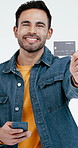 Phone, face and man in studio and show credit card for payment, ecommerce and bank account options. Portrait, white background and male with cellphone, debit info and subscription for online shopping