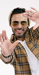 Face, fashion and happy man with hand frame in studio for photography on a white background. Portrait, male person or clothing with smile, stylish glasses or accessories for capture moment or picture