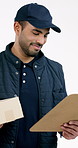 Man, delivery and box with checklist in studio for quality assurance on a white background. Male person, clipboard and parcel with address or confirmation for courier service, distribution or order