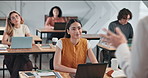 Lecturer, hand and students with laptop, university and explaining assignment to group in classroom. Professor, talk and happy people with tech, knowledge and advice for academic growth in college