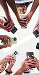 College, circle or people in class with phone, social connection or notification of shared message. Below, happy professor or student with huddle, texting together or group chat on university app.