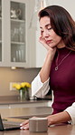 Businesswoman, headache and remote work in home with laptop, deadline stress or difficult audit task. Tired, mature person and freelance auditor in house with computer, migraine and burnout from job.