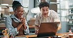 Laptop, team and excited in shipping for startup sales record, bulk order pride or positive review. Happy, people and good news on tech for logistics deal, backlog dispatch and small business growth