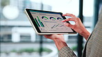 Research, online and hands with tablet screen in office, performance review or data analysis on app. Browsing, graphs and business person with tech, financial analyst and sales statistics on website