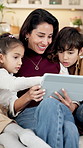 Mom, children and talk in house with tablet, download application or video game for knowledge growth. Happy family, woman and kids in lounge with tech, conversation and online gaming for education.