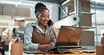 Happy, woman and phone call at startup with laptop, research and contact supplier for delivery. Smile, African person and review in office with tech, wholesale inquiry and update pricing for shipping