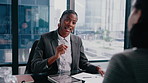 Businesswoman, document and meeting in office with client, data analysis or risk assessment for loan. Financial advisor, people and talk with stats for debt review, planning or guidance for liability