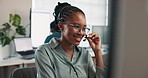 Smile, woman and developer at call center with computer, discussion and crm for technical support. Happy, person or coworking in office with pc, customer service and it assistance for software issues