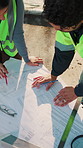 People, meeting or architect at blueprint for planning, project management or collaboration at site. Above, engineer and team with floorplan for maintenance idea, report process and building update