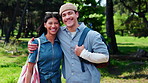 Face, students and couple outdoor at college with hug, laugh or support partner for higher education. Happy, people and date in park with embrace, relationship or study together at university degree.