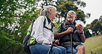 Old couple, hiking and eating on break, outdoor and connection with partner on adventure in nature. Backpacker, laugh and bonding with spouse on holiday, conversation or happy senior people with food