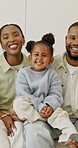 Love, parents or child on couch with face, happy moment or bonding together on weekend break. Security, laugh or black family in home with portrait, quality time or connection in healthy relationship