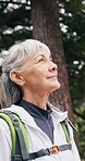 Senior, happy woman and thinking in forest for hiking adventure, scenic break or nature appreciation. Fresh air, pensioner or trekking pause in woods with calm reflection, sightseeing or explore view