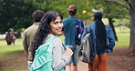 Face, woman and friends at park for education, new semester and ecology study for climate change. Portrait, students and happy in nature for university excursion, sustainable learning and ESG course