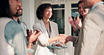 Tablet, handshake and team with business people at conference for organizer, meeting and advice. Delegate registration, success and seminar coordinator with employees shaking hands and applause