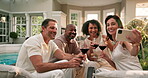 Selfie, happy and friends in hotel with wine, group picture and bonding post on summer getaway. Smile, connection and mature people with drink, vacation together and memory capture for social media.
