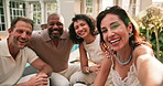 Selfie, face and friends in hotel with laugh, group picture and bonding post on summer getaway. POV, happy connection or mature people with humor, vacation together or memory capture for social media