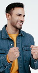 Studio, man and fist pump for winning, smile and celebration with good news on white background. Happy male person, success and target with reward achievement, accomplishment and yes for triumph