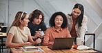 Study group, people and laptop at college with help, explain course material and share insight. University, students and tech for academic support, exam tips and tutoring for essay guidance in class