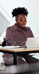Student, woman and research in classroom with tablet, online education and AI for digital assignment. Black person, study and blended learning in university with tech, knowledge growth or assessment.