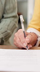 Contract, hands or old couple in home with signature, estate sale or agreement in house transaction. Retirement, owner or senior people with document, property transfer or deal on purchase together.