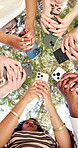 Phone, college and hands with friends in park for social media, gen z app and student connection. Study, education newsletter and low angle with people for tech, contact and online university portal