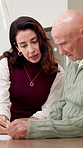 Contract, senior father or woman in home with help, pension proposal or guidance on loan application. Retirement, adult daughter or old person with paper, finance review or support on funding request