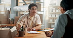 Logistics, hiring or man with interview, warehouse discussion or meeting in recruitment process. Happy, candidate or supplier with document, experience inquiry or assessment for career opportunity.
